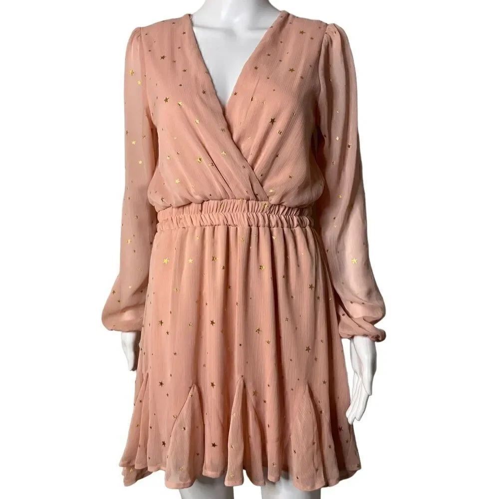 Francesca's Long Sleeve Flowy Star Dress Pink Rose & Gold Size Medium